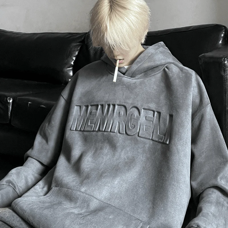 American retro steel stamped letter suede sweatshirt men spring and autumn oversize national fashion high street couple hooded