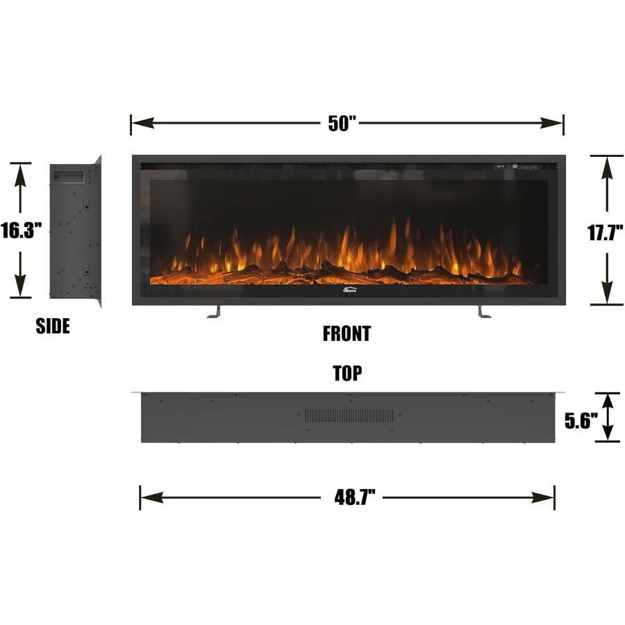 Camino elettrico da 50 pollici Luoghi di fuoco di lusso Inserti Decorazione camino Riscaldatore per camino con timer Telecomando Fiamma regolabile