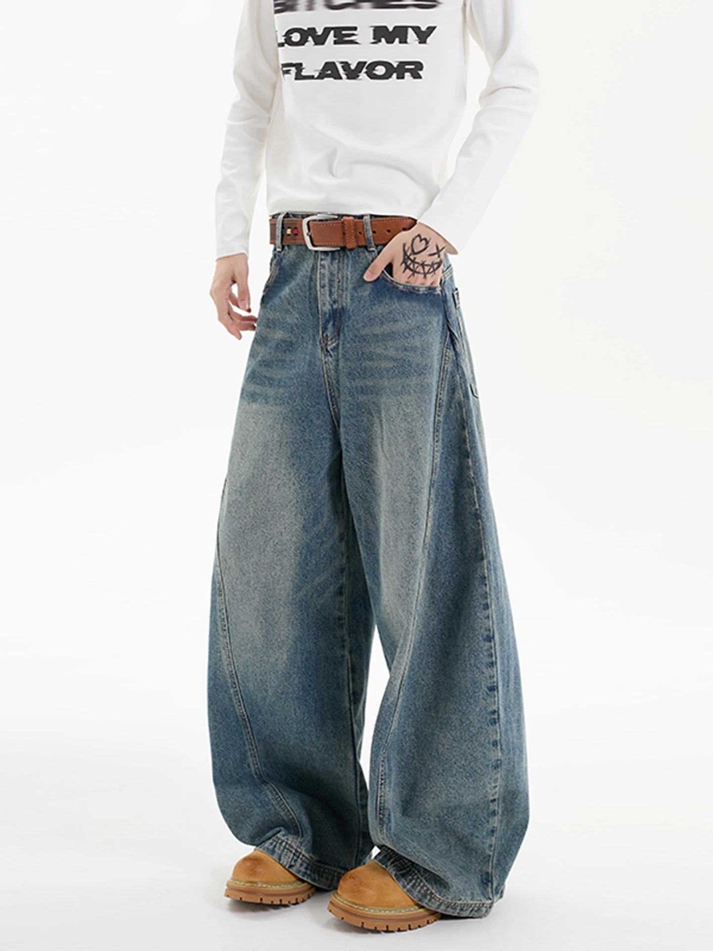 

American High Street Waed Vintage Knife Jeans Men Spring New Trendy Loose Straight Leg Pants Casual Cotton Denim