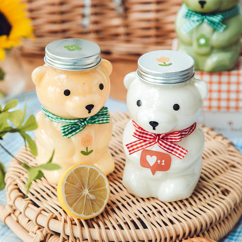 Disposable Drink Bottles Juice Bear Plastic Cup Cute Bear Juice Drink Milk Tea Beverage Storage Bottles With Lid Sealed Bottle