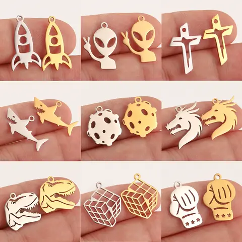 5Pcs/Lot Hollow Dinosaur/Shark/Dragon/Alien Charms Stainless Steel Punk Boxing Glove Pendant DIY Necklace Bracelet Jewelry Makin