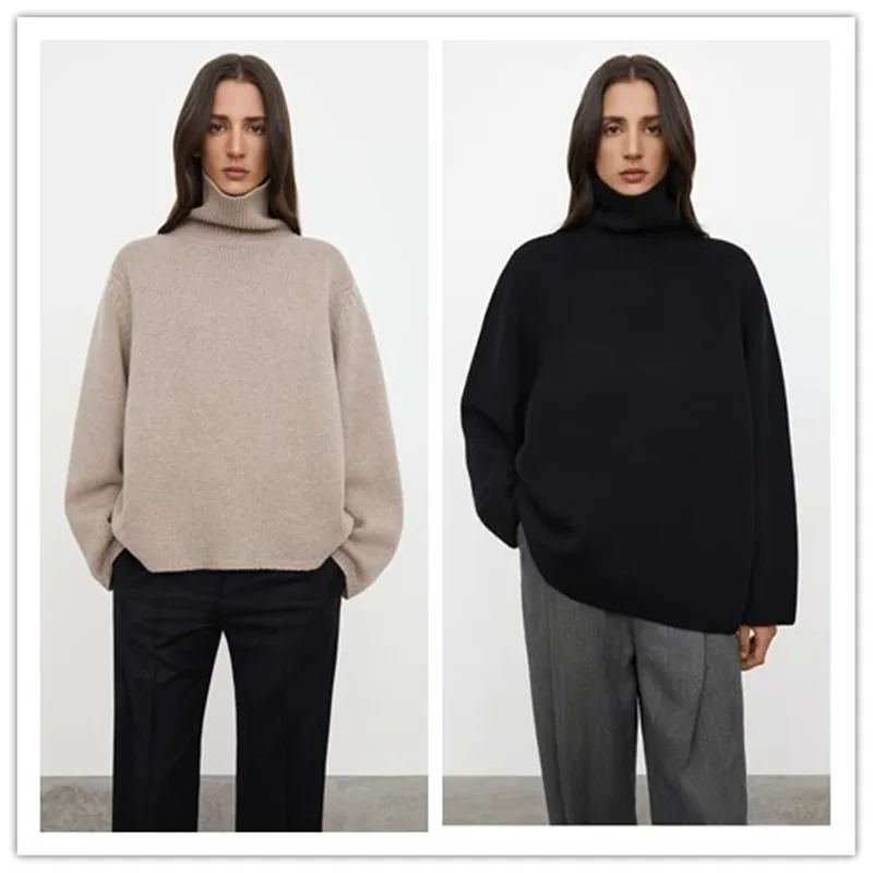 

Trend temperament high-necked pure mountain cashmere sweater women loose thick lazy wind pullover silhouette sweater