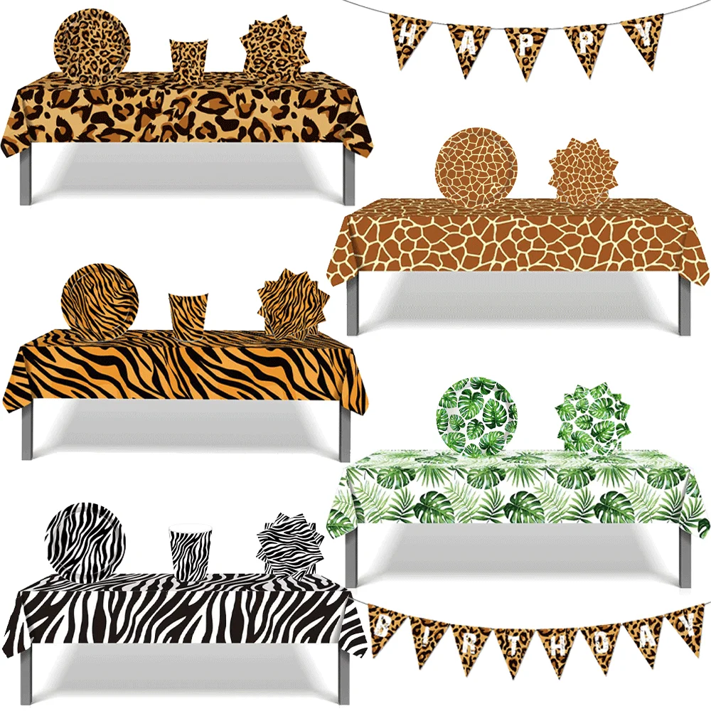 Woodland Animal Print Tablecloth Disposable Plates Napkins Cups Kids Jungle Safari Birthday Party Table Decoration & Accessories