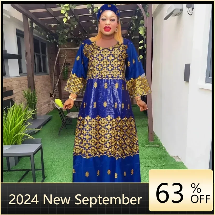 

Plus Size African Clothes for Women 2024 New African Dashiki Ankara Bazin Riche Design Wedding Party Dresses with headscarf