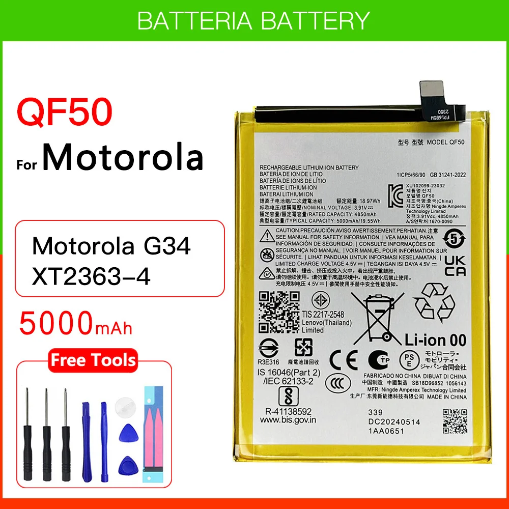 100% batería Original genuina 5000mAh QF50 para Motorola G34 moto XT2363-4 QF 50 baterías + Kit de herramientas GRATIS