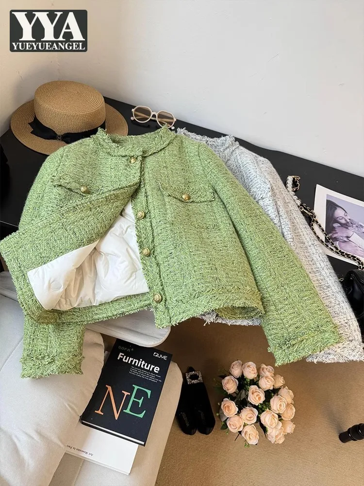 New Winter Women Down Coat O-Neck Long Sleeve Casual Outerwear Single Breasted Retro Designer Office Ladies Tweed Short Jacket
