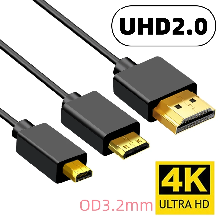 

Portable OD3.2mm Ultra-thin 19+1Core Mini Micro HDMI-compatible 2.0 4K@60Hz HDR Video Audio Cable for PC PS4 Camera Tablet HDTV