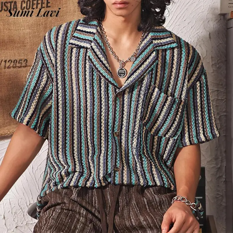 

Винтажные полосатые вязаные рубашки с отложным воротником, новые мужские повседневные кардиганы на пуговицах, мужские модные вязаные тонкие рубашки с короткими рукавами