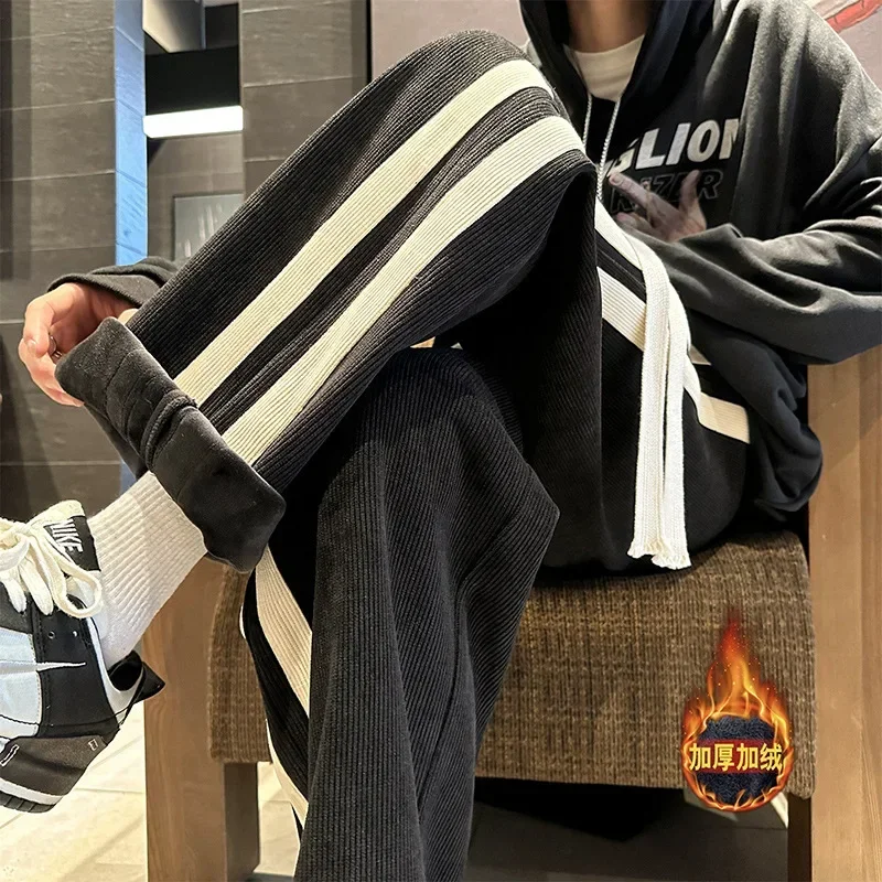 

Fleece Thicken Corduroy Wide-leg Pants Men's Harajuku High Street Side Stripes Pants Casual Straight Elastic Waist Sweatpants