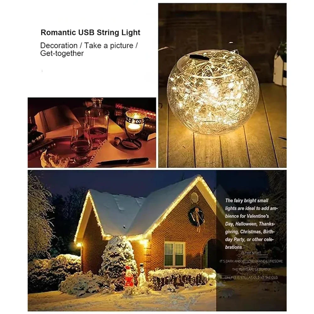 USB Powered String Light, 1-10m White/Warm White/Multi-Color Fairy String Lights for Wedding Party Christmas Festival Decor