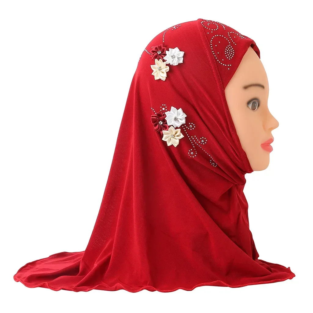 

2024 Muslim Kids Small Girl Al Amira Hijab with Handmade Flowers Fit 2-6 Years Old Kids Pull on Islamic Scarf Head Wrap