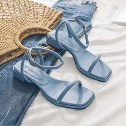 Fashion Summer Shoes Woman's Sandals Narrow Band Vintage Square Toe Ankle Strap Thong Sandalias Shape Design Elegant Women 35-40