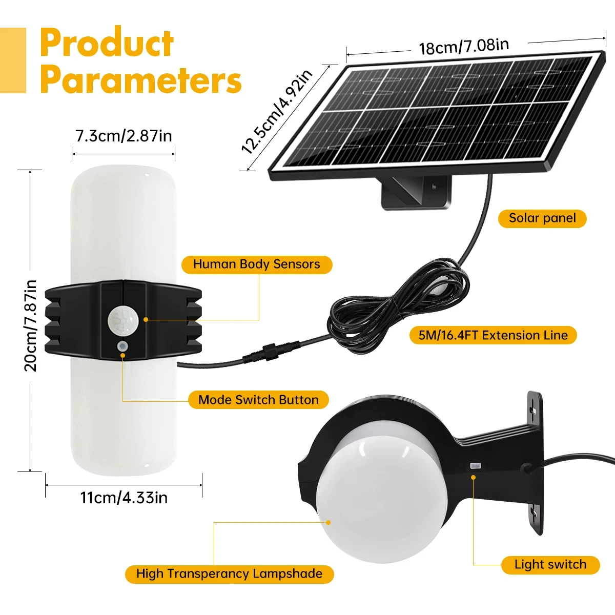 Imagem -04 - Luzes Solares ao ar Livre com Sensor de Movimento Luminárias Montagem na Parede Led 5m Cabo Super Brilhante Lâmpada de Energia Solar Casa Jardim Led Holofotes