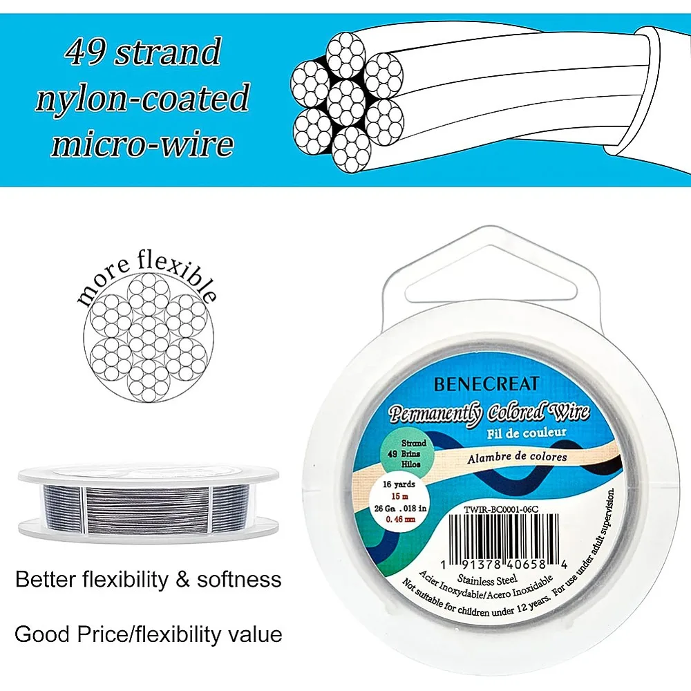 49 Stränge Perlendraht (0,017 Zoll/0,46 mm, 49 Fuß) Nylonbeschichteter Edelstahl-Perlendraht für die Herstellung von Halsketten und Armbändern, Grau – Detail 4
