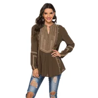 Folk Vintage Ethnic Embroidery Tunic Blouse Top Brown Long Sleeve Women  V Neck Loose Boho Retro Rayon Ladies 23xl Casual Shirt - Image 5