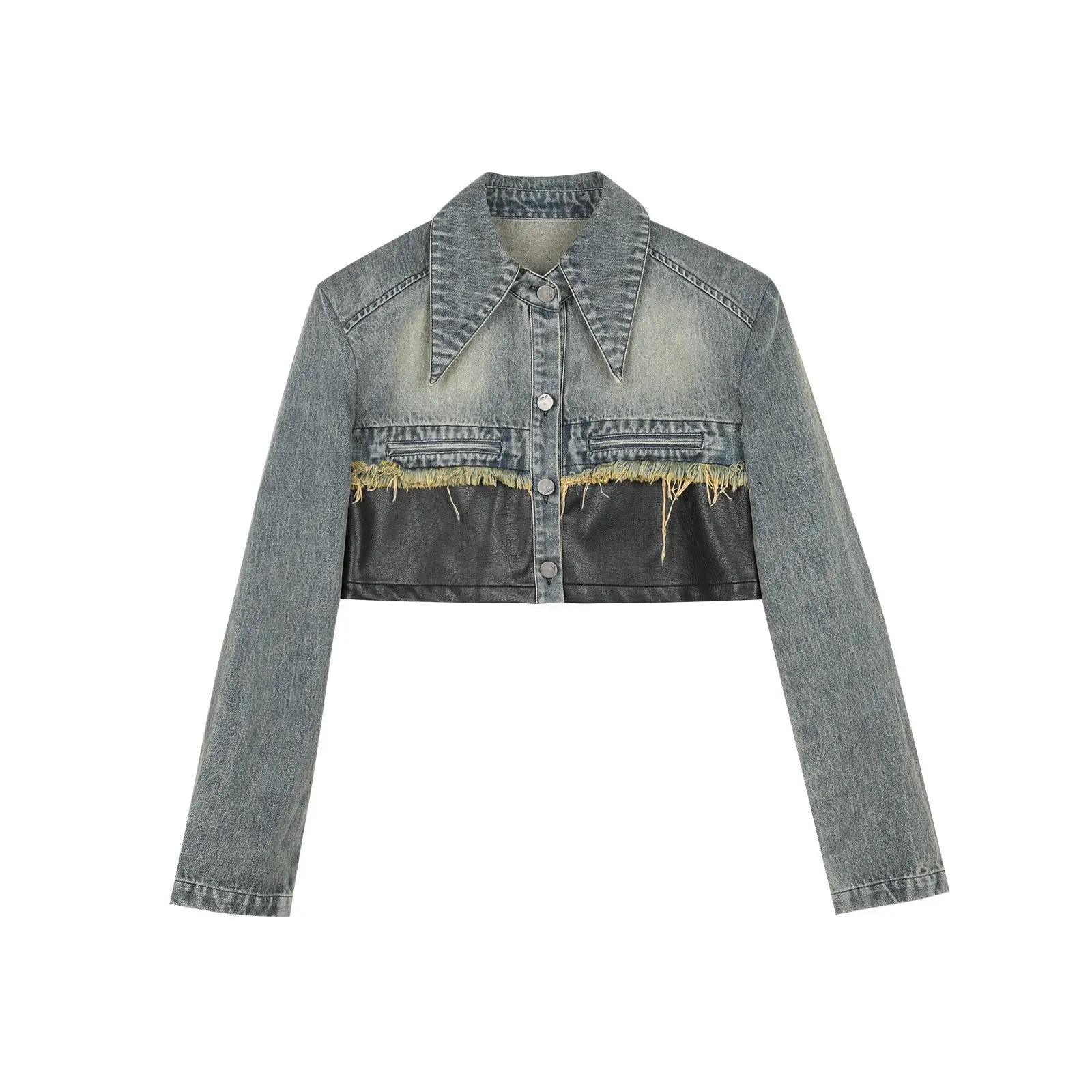 Stylish New Autumn Winter Trendy Patchwork Denim Set Featuring Cropped Top And Loose Wide-leg Jeans For Women Retro view 3