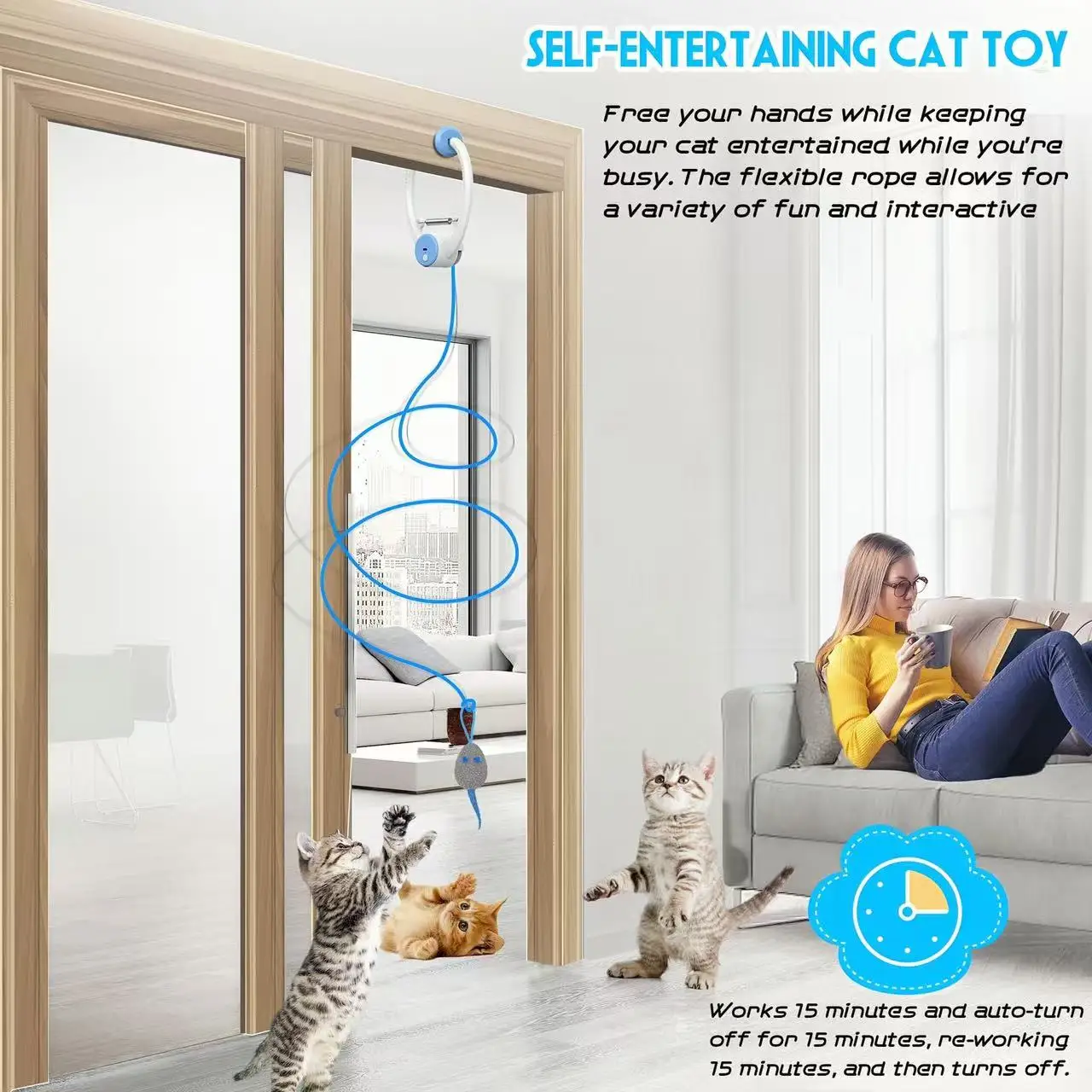 Interactive Cat Toy for Paws Claws, Auto-Rebound Hanging Teaser with 3 Bouncing Mice & Retractable String, Safe Exercise Fun