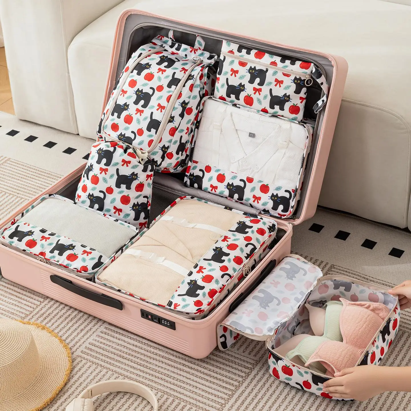 new-floral-travel-storage-bag-set-digital-toiletry-cosmetic-clothing-organizer-nordic-style-pure-color-eight-pieces-above