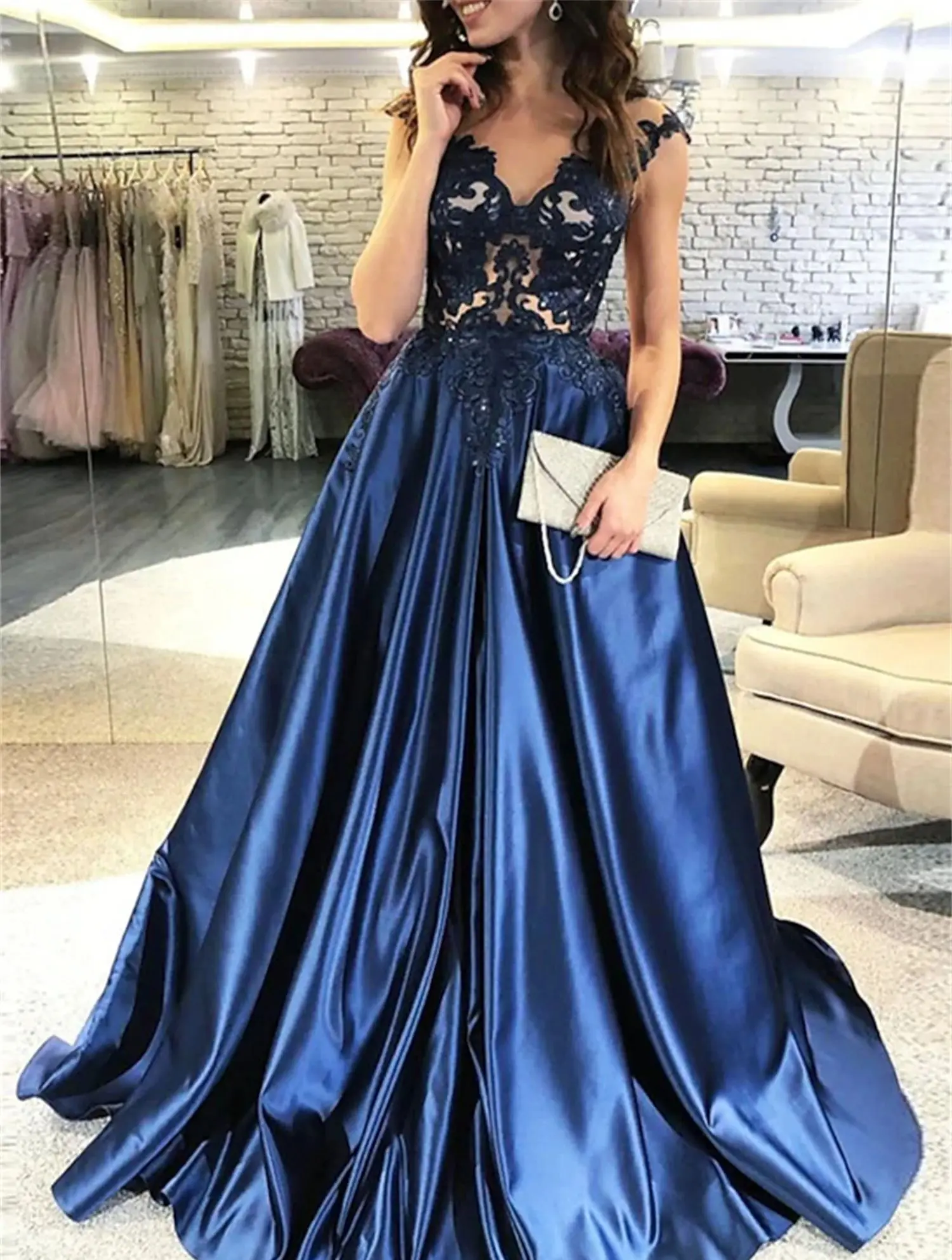 Aileen Line A-vestido de satén para mujer, fiesta de noche de encaje para traje elegante, color azul marino, 2024