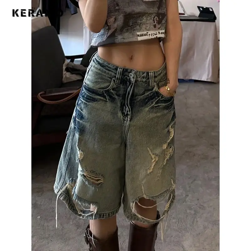

Y2K Damage Emo Wide Leg Trashy Distressed Jeans Women's Vintage Ripped Knee Length Pants Harajuku Loose Fit Denim Trouser