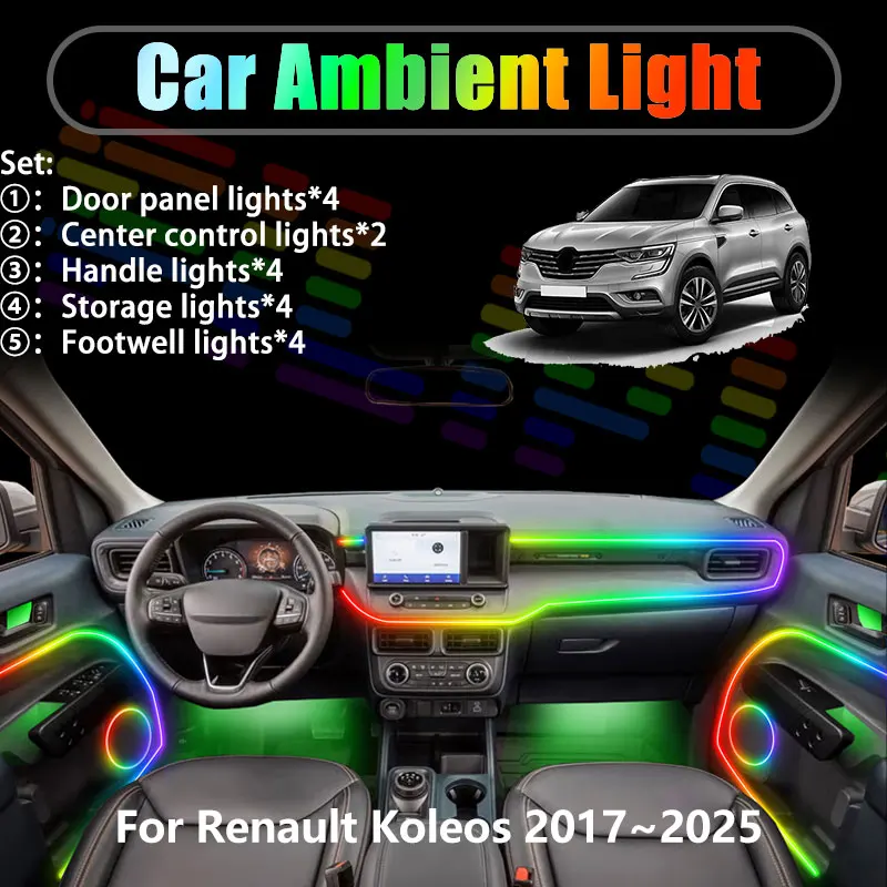 

For Renault Koleos 2017~2025 MK2 HC 2018 2/18 in 1 Car ambient lighting Led trunk interior led lights USB RGB Ensemble Streamer