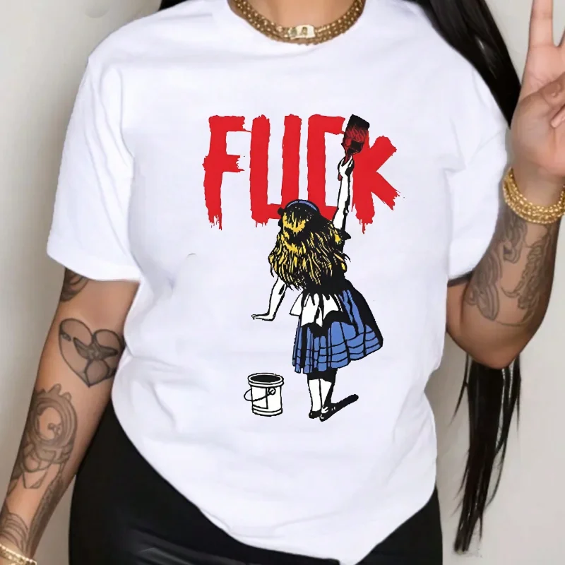 Essence Women's Fashion fack Printed Cartoon T-shirt Cotton Comfortable Soft Ladies Tops Y2K Vintage T-shirt Women's Clothing