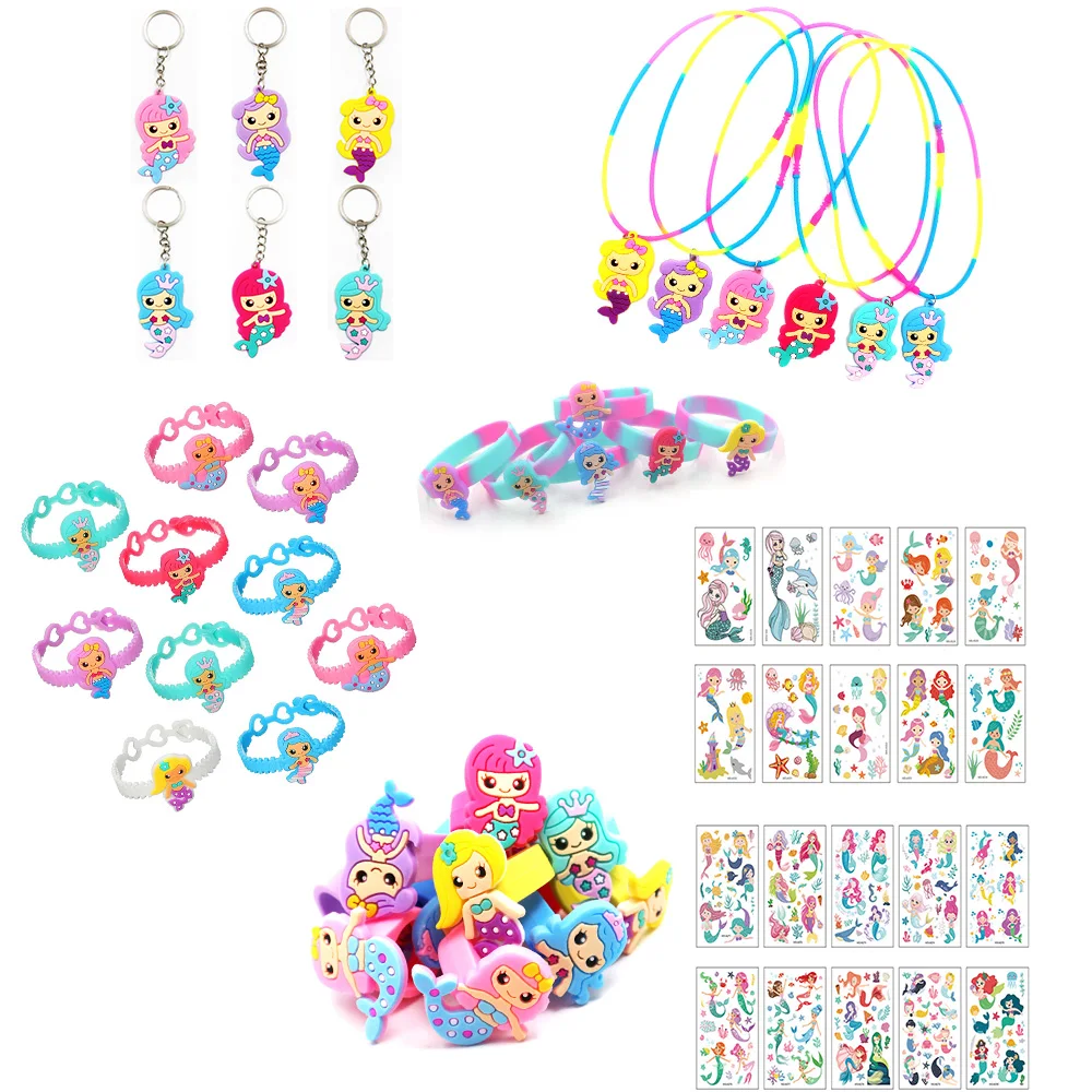 Children\'s Mermaid Birthday Party Decorations Tatoos Necklace Ring Bracelet Keychain Gift For Guest Party Favors Kids Girls Toys