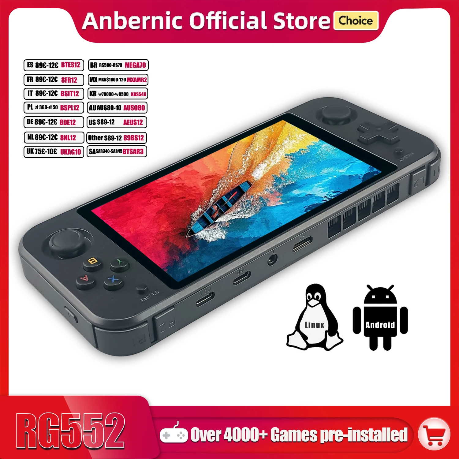 ANBERNIC RG552 Handheld Game Console RK3399 Chip Dual OS Linux Android System Support HDMI / WIFI Online Games Built-in 64G