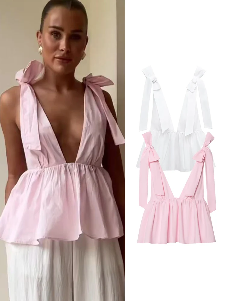 TFMLN المرأة الدانتيل يصل القوس حبال القمم موضة الصلبة مثير العميق الخامس الرقبة أكمام عارية الذراعين بلايز 2025 جديد أنيق ملابس الحفلات