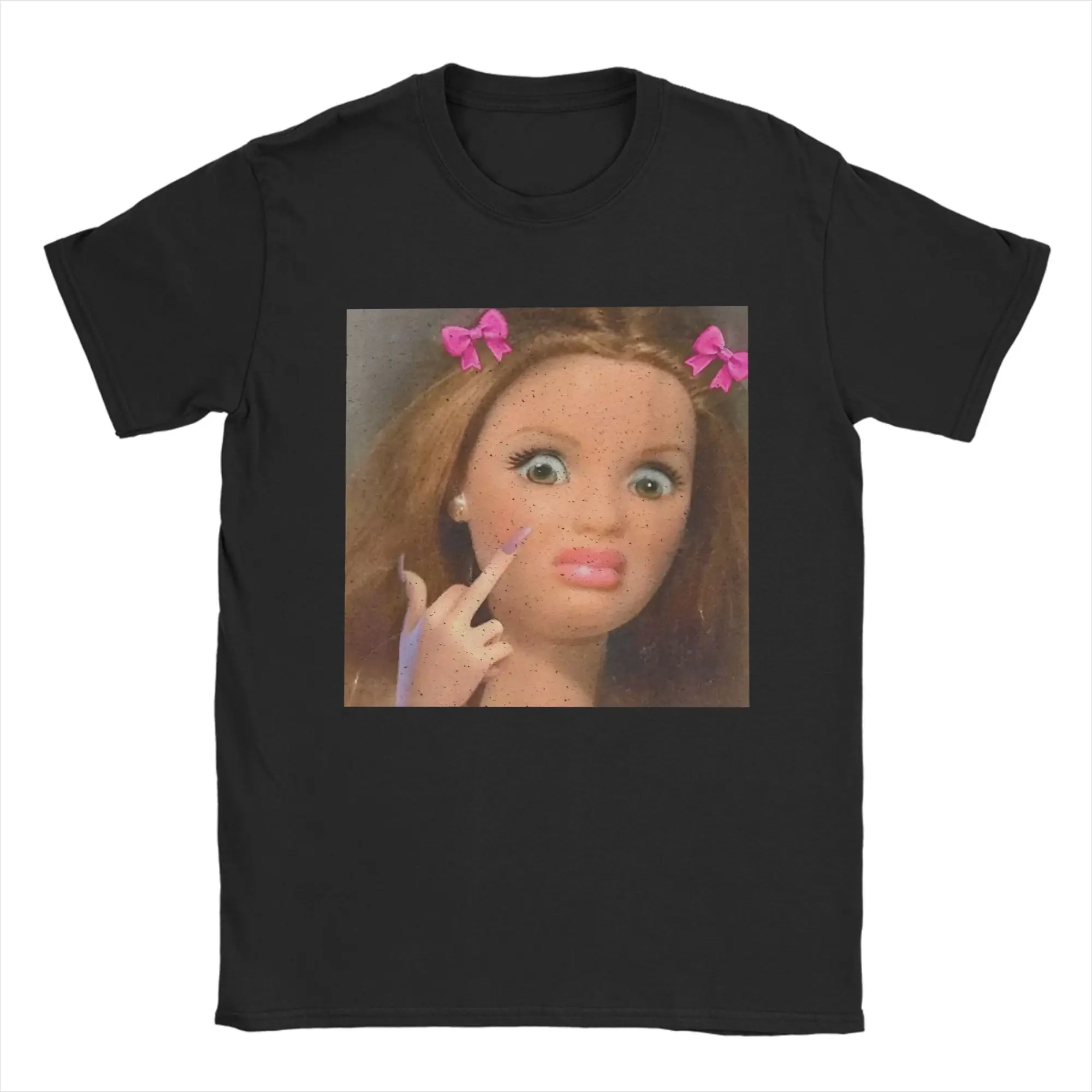 Doll Face Meme Middle Finger  T Shirt for Men 100% Cotton Unique T-Shirts O Neck  Tees Short Sleeve Tops Plus Size