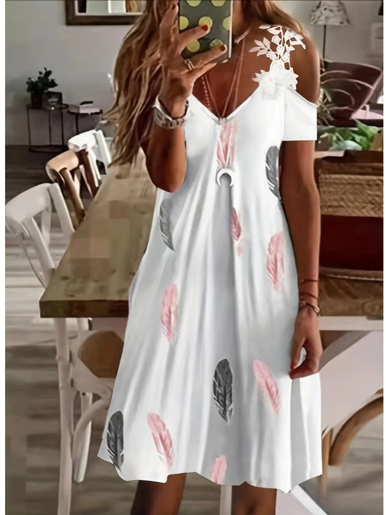 Damen Trägerloses Spitzenkleid mit Fledermausärmeln Bedruckter Rock 2026 Modisches Elegantes Maxikleid für Besondere Anlässe – Detail 11
