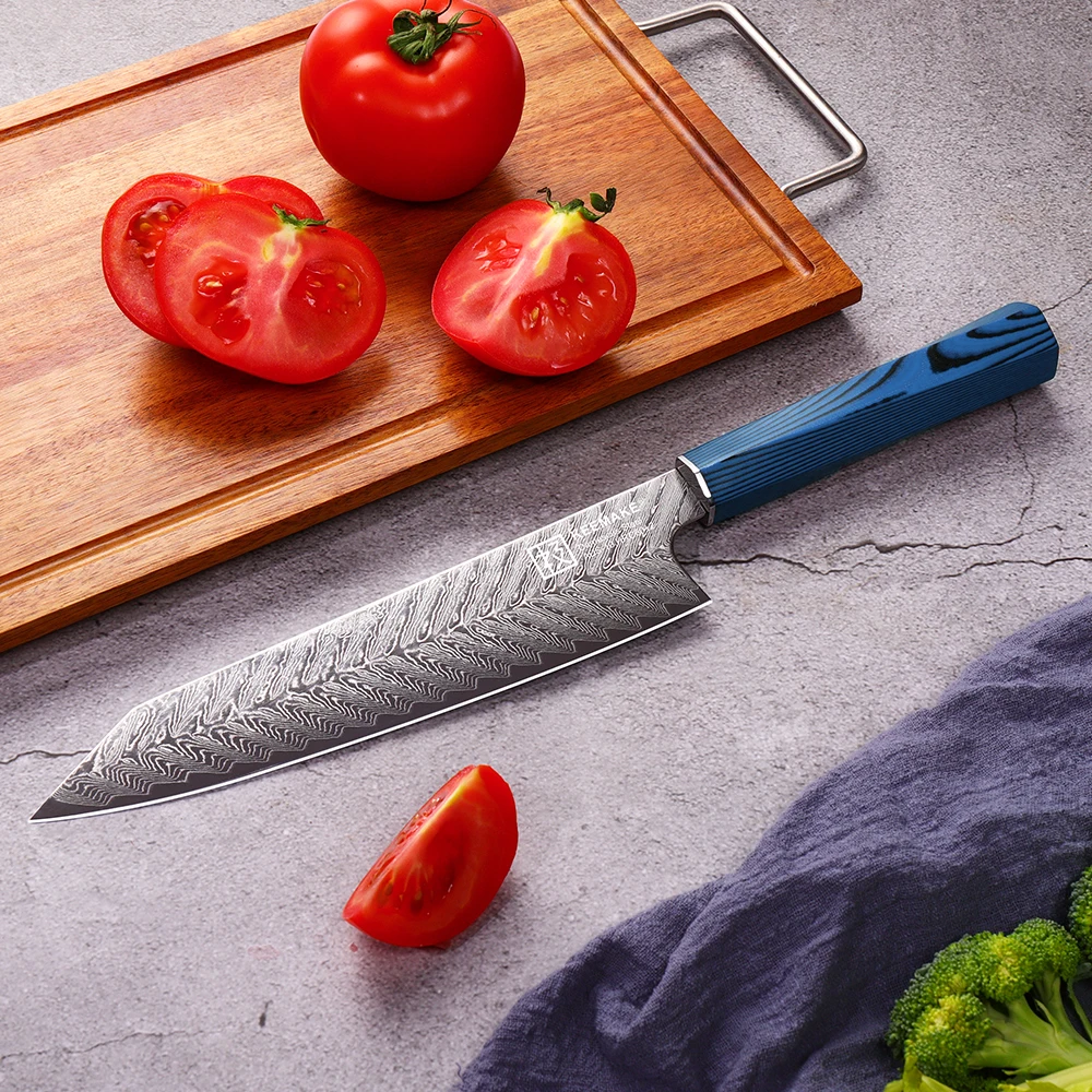 Damascus 8 Inch Chef‘s Knife Japanese Kiritsuke Cleaver Kitchen Knives Blue G10 Handle Meat Vegetable Fruit Slicing Tools