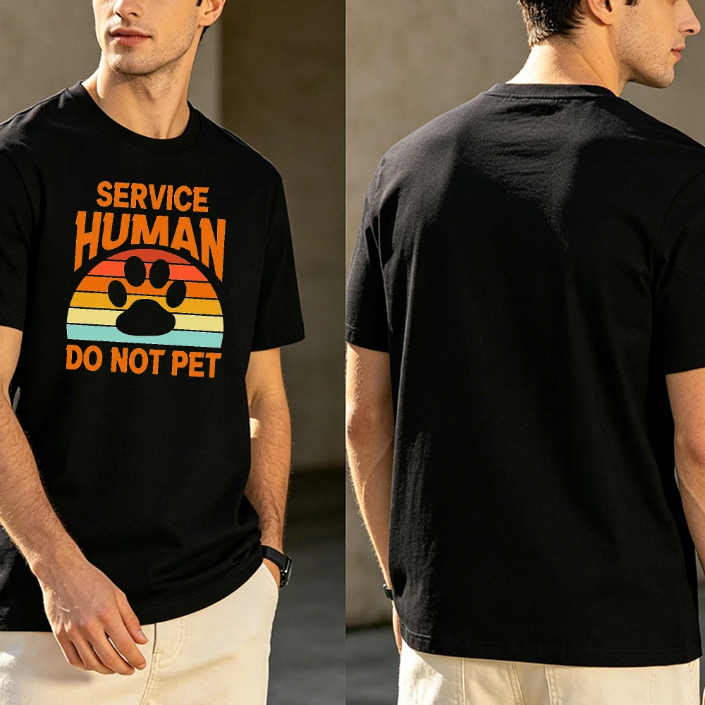 Service Human Do Not Pet Retro Paw Print Men Cotton T Shirt Funny Dog Owner Vintage Striped Casual Holiday Tee