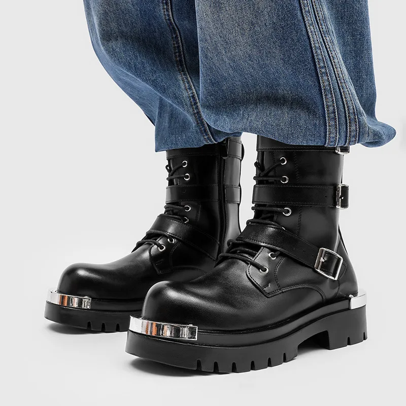 

big size men fashion punk rock high motorcycle boots black designer shoes cowboy natural leather boot long platform botas hombre