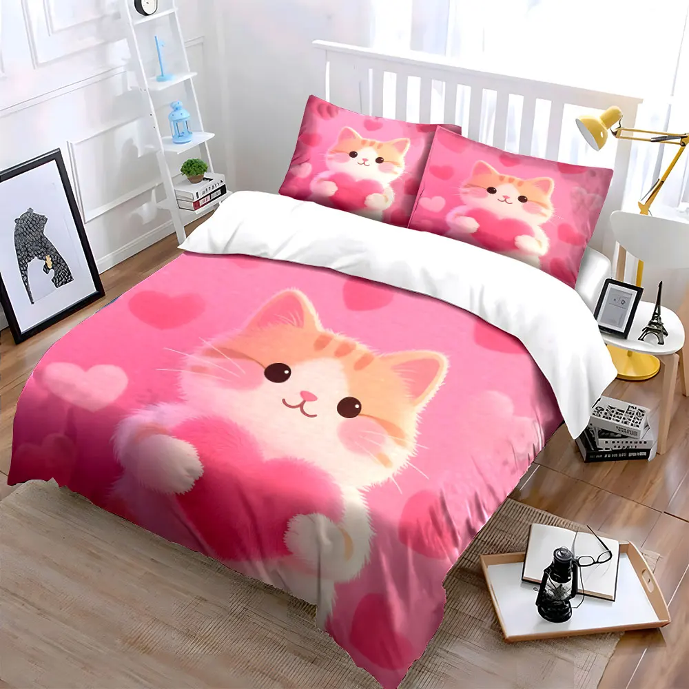Cute cat holding pink heart Bedding Set for Kids Luxury Gift 3pcs Digital Print Comforter Set Soft Comfortable Breathable