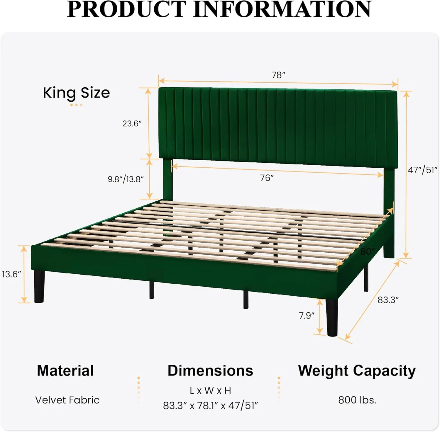 King Soft padded platform bed frame with vertical channel tufted fabric adjustable headboard, optional box spring, green