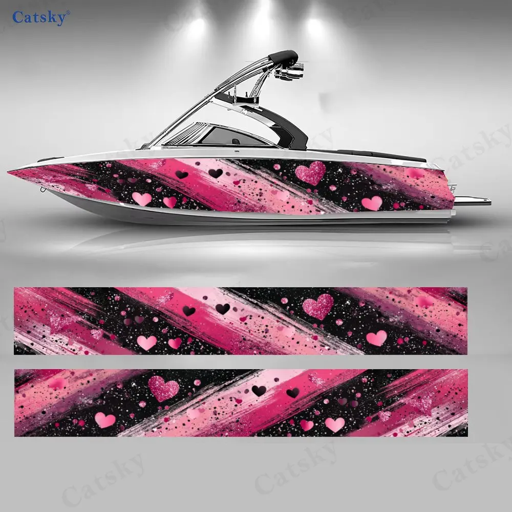 

2PcPink Black Heart Glitter Boat Stickers, PVC Waterproof Durable Vinyl Wrap Decals for Fishing Boat, Durable and Stylish Design