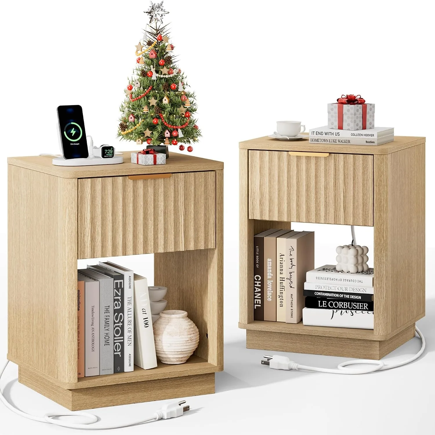 Fluted Nightstand, Night Stand Set 2, Nightstands Set of 2 with Charging Station, Wooden End Table with Drawer, Customized