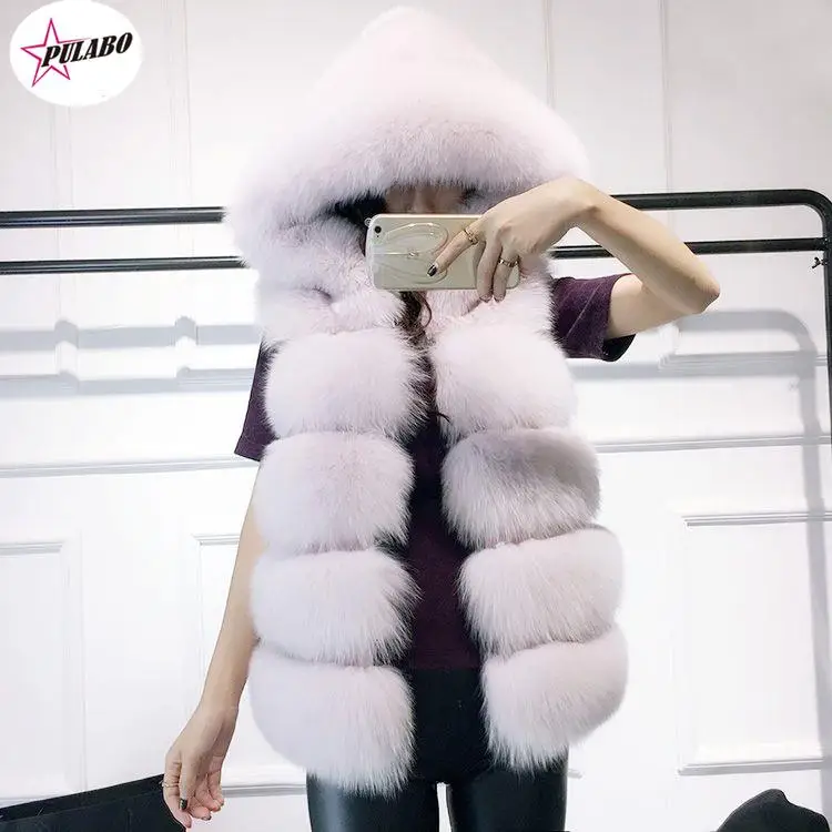 

PULABO Fox Fur Vest Hood 6 Color High Quality Soft Thick Warm Vest Hoodie Black Faux Fox Fur Mink Sleeveless Hooded Coat Women