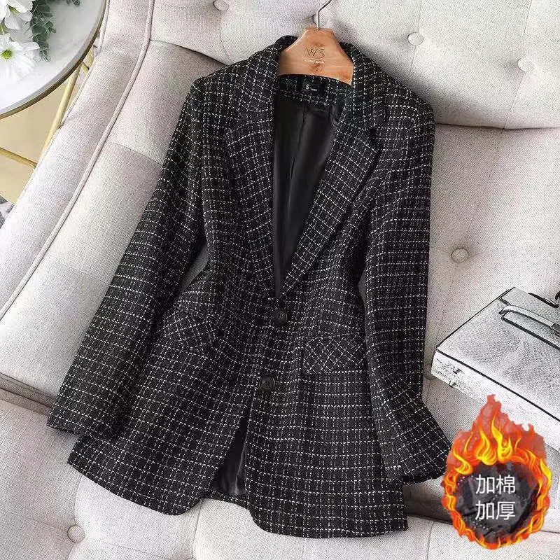 Chaqueta de traje ajustada de manga larga para mujer, solapa minimalista a cuadros, bolsillo de botón, informal, versátil, otoño e invierno, nueva moda