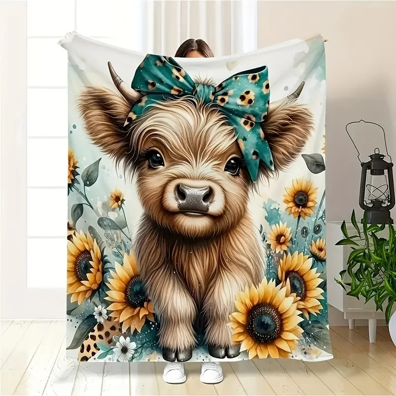Gemütliche Flanell-Überwurfdecke mit Highland-Kuh-Print |   Weich, warm, vielseitig |   Ganzjahres-Sofa, Bett, Büro, Auto, Camping und Reisen