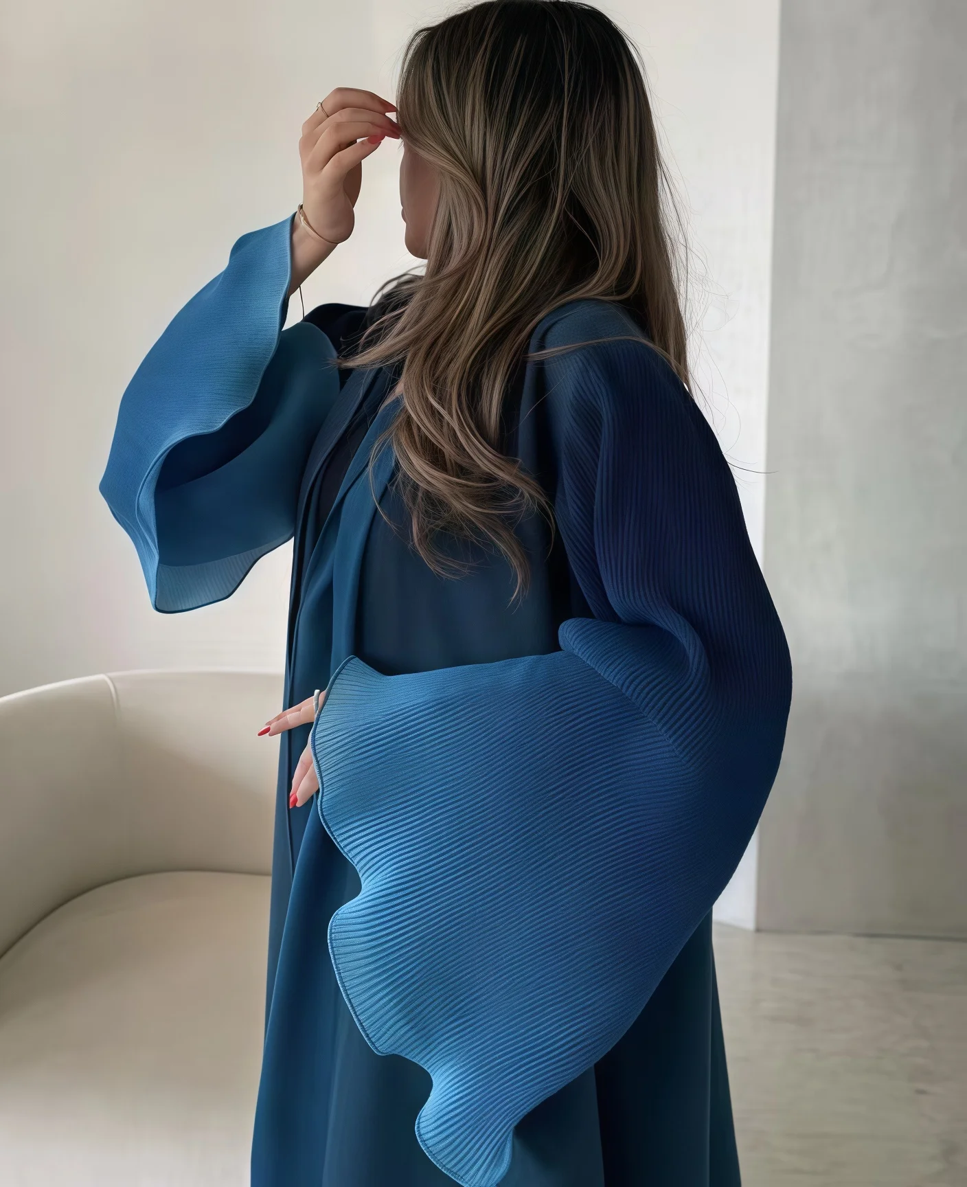 Faltbare Damen-Plissee-Abaya mit Schal – Olivgrüne Wellenmanschette, Bescheidenes Kleid-Set im Nahost-Stil, Neuheit 2025 – Modische Kleidung – Detail 6