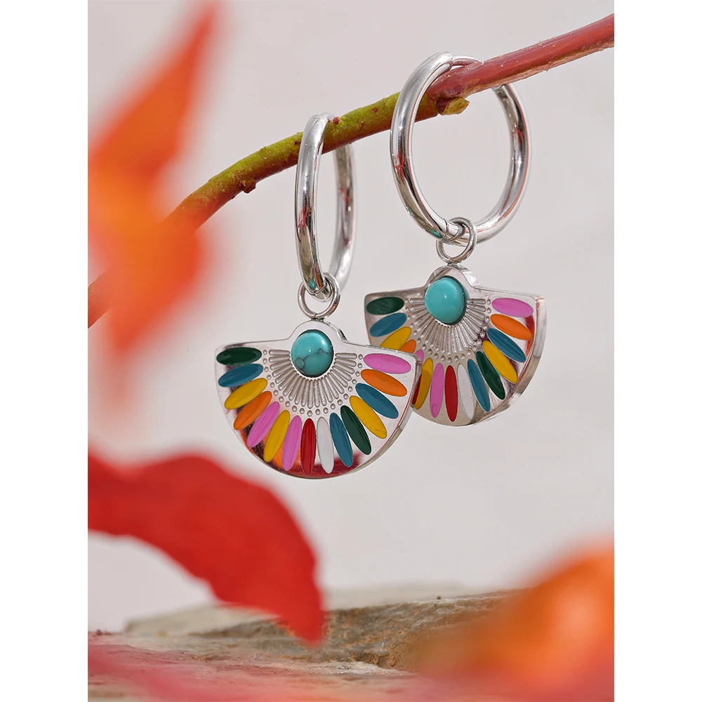 Yhpup Y2K Colorful Enamel Stainless Steel Fan Geometric Bohemian Rainbow Drop Hoop Earrings Women Trendy Fashion Charm Jewelry