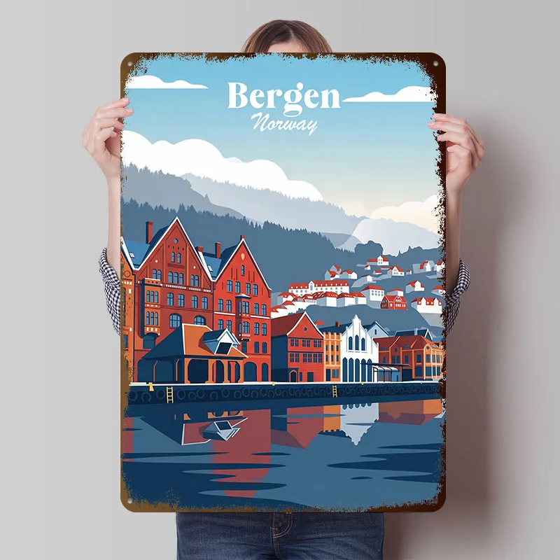 Póster de Bergen, Noruega, Letreros Metálicos Vintage Personalizados, Arte de Pared, Placa de Metal Retro para Accesorios de Cafetería, Decoración del Hogar de Lujo