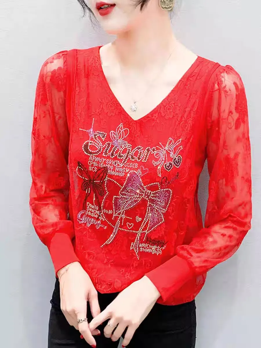 2025 جديد وصول الماس مجموعة مقوس دانتيل الفن الساحرة تي شيرت الربيع الصيف امرأة طويلة الأكمام فانوس كم شير عارية الذراعين