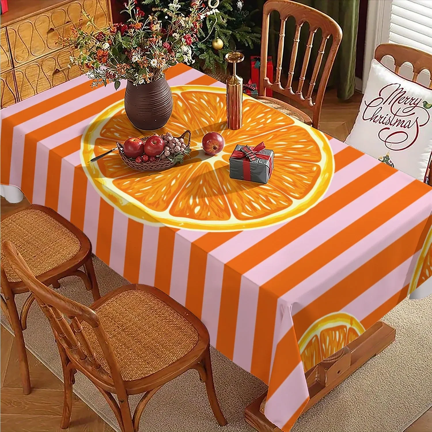 2D Flat Tablecloth - 1 piece of rectangular polyester tablecloth with orange slices and stripe patternxzj