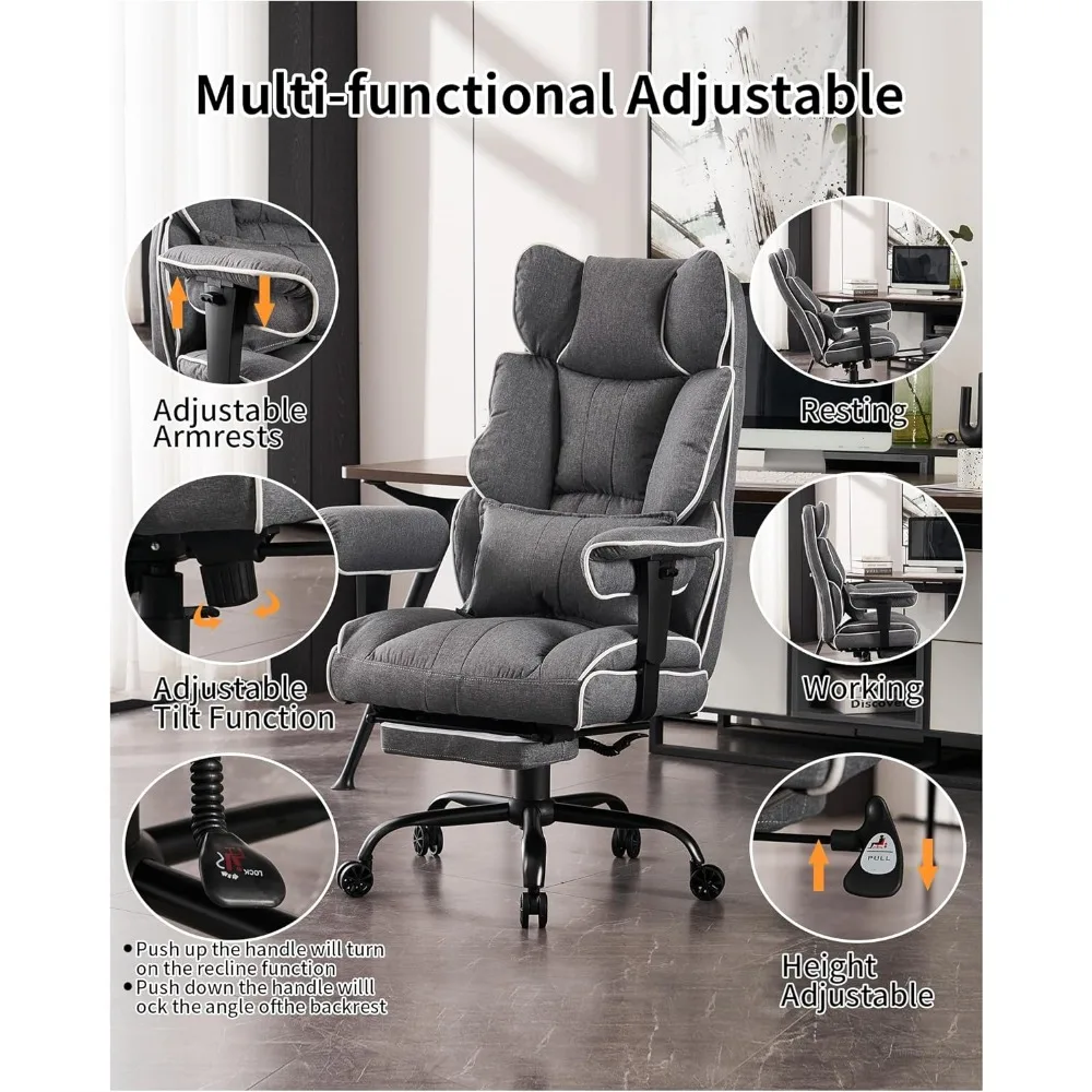 Silla de tela de gran capacidad, sillón ejecutivo de espalda alta con reposapiés, silla ergonómica