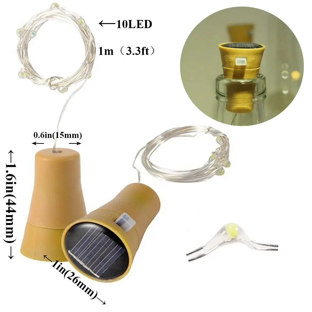 Cadena de luz Solar para botella de vino, lámpara de hadas para exteriores, decoración de vacaciones y Navidad, 10 piezas