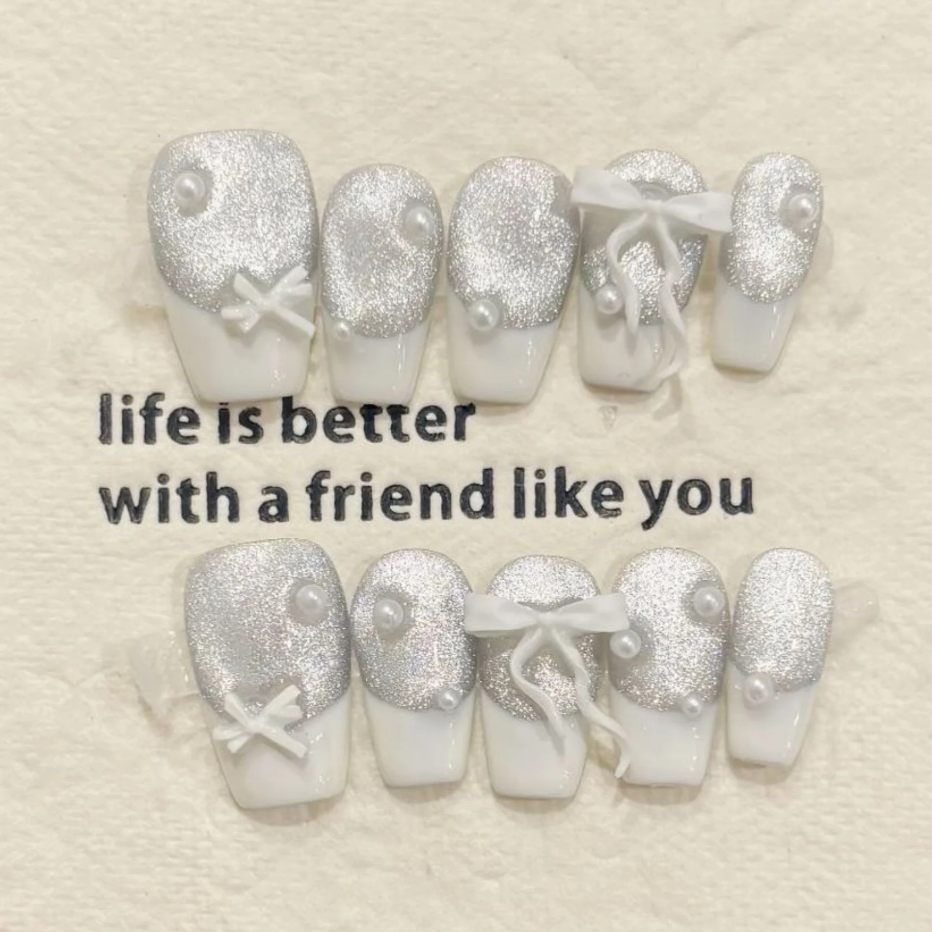 

10pcs Wearable Short Ballet Handmade Fake Nail White French Tips False Nails Bow Cat's Eye Design Press on Nails Finished Sets