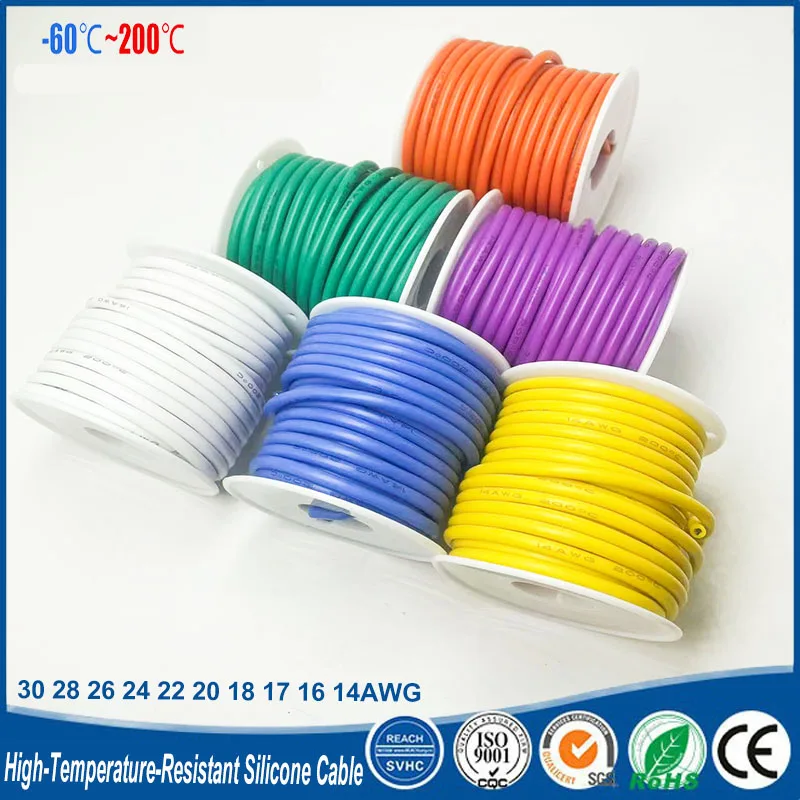 Heat-resistant, flexible silicone-coated stranded wire spools, available in 30/28/26/24/22/20/18/17/16/14 AWG, with tinned coppe